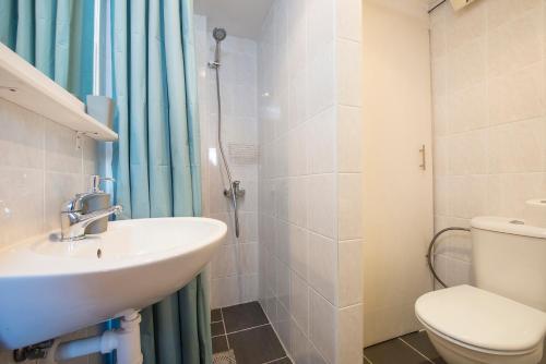 a bathroom with a sink and a toilet and a shower at Chata Borik in Svit