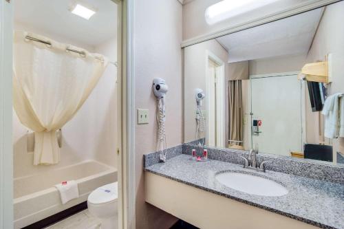 a bathroom with a sink and a toilet and a mirror at Econo Lodge in Walterboro
