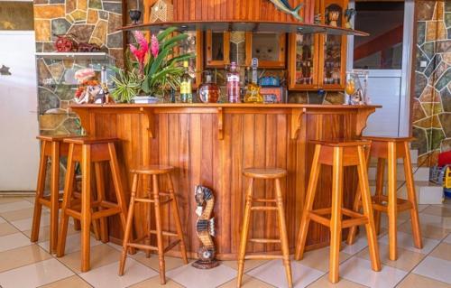 a wooden bar with stools and a cat sitting under it at Ô Coeur Des Tropiques in Capesterre-Belle-Eau