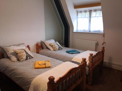 a bedroom with two twin beds and a window at Le Manoir du Gouverneur in Villedieu-le-Château