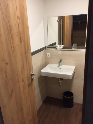 a bathroom with a sink and a mirror at Platzwirt in Unterschneidheim