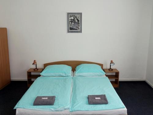 HOTEL STAŘÍČ في جيسينيك: غرفة نوم بسرير وملاءات ووسائد زرقاء
