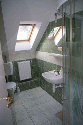 バコニュベルにあるVadszőlő Szálló és Étterem Bakonybélのバスルーム(シンク、トイレ付)、天窓が備わります。