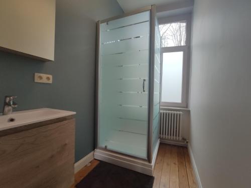 a glass shower in a bathroom with a window at Birdsonghouse in Ieper