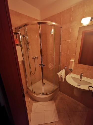 a bathroom with a shower and a sink at Penzión Helios in Bratislava