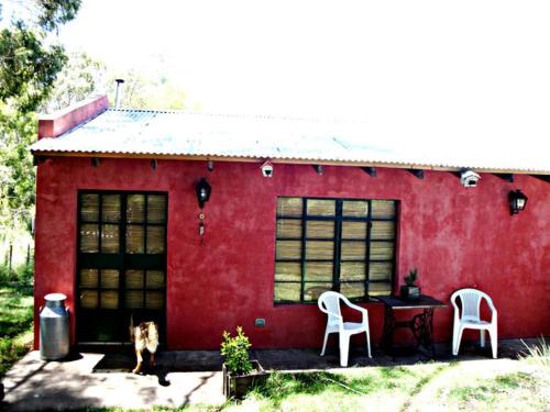 una casa roja con un perro parado frente a ella en CABAÑAS TRUDY TANDIL en Tandil