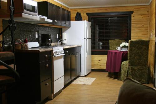 a kitchen with a white refrigerator and a stove at Lover's Loft in Gatlinburg