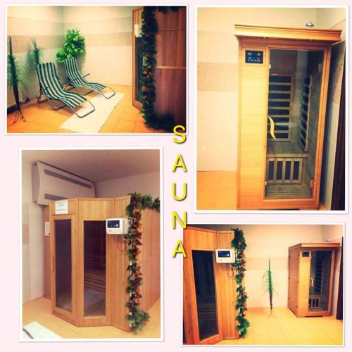 three pictures of a room with a door and a bench at Mlyn Penzion & Wellness in Radvaň nad Dunajom