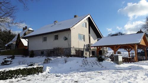a house in the snow with a roof at Penzion u Vichu in Červená Voda