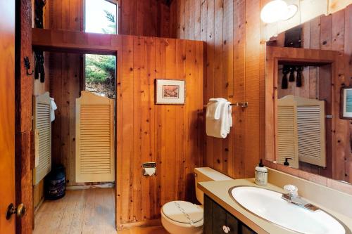 a bathroom with a sink and a toilet and wooden walls at Thayer House in Sea Ranch