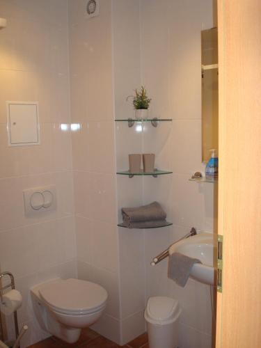 a white bathroom with a toilet and a sink at Kleine Auszeit in Kirchdorf