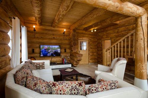a living room with a couch and a tv in a log cabin at Luxus-Ferienhaus Blockhaus Chalet Nr 2 Toplage am Feldberg mit Sauna, Outdoor-Hottub, Kamin auf 1300m üM in Feldberg