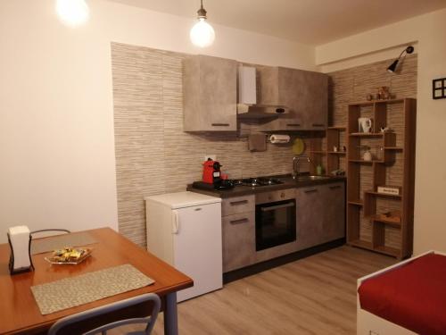 uma cozinha com uma mesa, um frigorífico e um fogão em B&B Petra Castalda em Sasso di Castalda