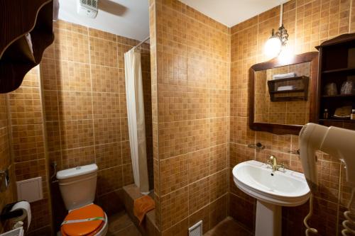 La petite salle de bains est pourvue de toilettes et d'un lavabo. dans l'établissement Complex Turistic "Moara Dragaicilor", à Buzău