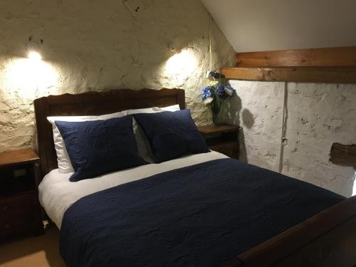 Schlafzimmer mit einem Bett mit blauer Bettwäsche und Kissen in der Unterkunft Les Bouaux, Lavena in Cussy-en-Morvan