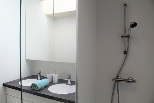 łazienka z 2 umywalkami i prysznicem w obiekcie Le Grenier w mieście Mauléon