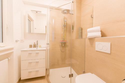 a bathroom with a shower with a toilet and a sink at Berdorfer Eck - Bed&Breakfast in Berdorf