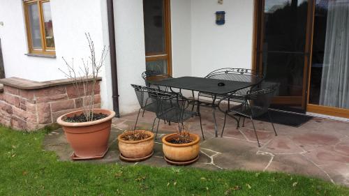 a patio with a table and chairs and potted plants at Ferienhaus Schwörer in Rheinhausen