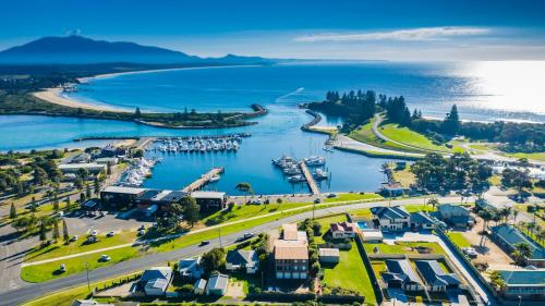 an aerial view of a harbor with a marina at Penthouse Apartment - Amazing Views, Location & Luxury in Bermagui