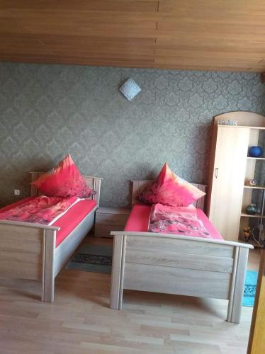 two beds with pink pillows in a room at Ferienwohnung Gabry in Saarlouis