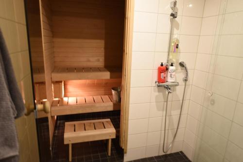 a small bathroom with a shower and a toilet at Rental Apartment Lonttinen Suomen Vuokramajoitus Oy in Turku