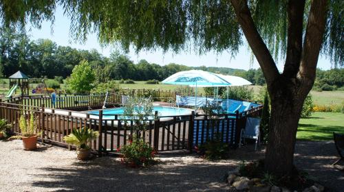 une piscine avec un parasol, des chaises et un arbre dans l'établissement The Cottage, à Hautefort