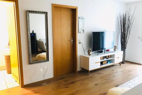 a living room with a television and a mirror at Your beautiful Homestay in Rheinfelden