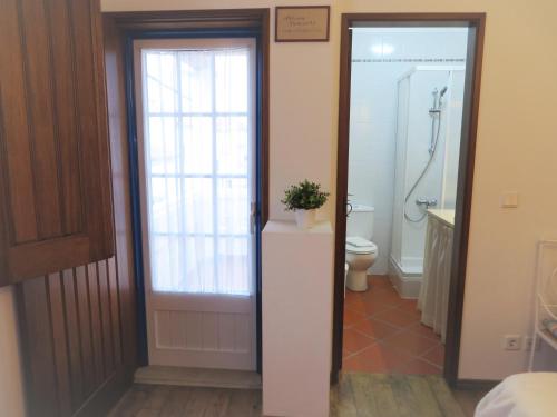 a bathroom with a toilet and a shower with a window at CASA DA BARRA AZUL by Stay in Alentejo in Vila Nova de Milfontes