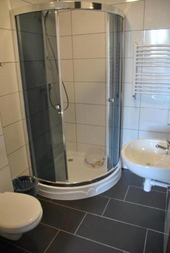 a bathroom with a shower and a toilet and a sink at Wiktoria-Biały Domek in Jastrzębia Góra