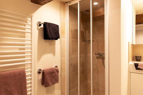 a bathroom with a shower with a glass door at B&B Steendam 66 in Ghent