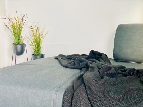 a blanket laying on a bed with two potted plants at Canaryislandshost l Brisa del Atlántico in Playa Honda