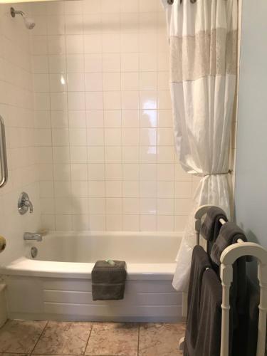 a bathroom with a bath tub with a shower curtain at Tattingstone Inn in Wolfville