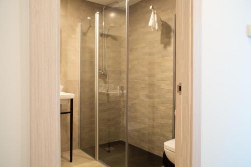 a shower with a glass door in a bathroom at Hotel Gran Sol De Extremadura in Montijo