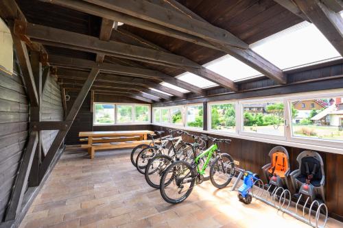 a row of bikes parked in a room with windows at Marvelous lake view apartments - Jezerka Lipno in Přední Výtoň