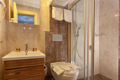 a bathroom with a shower and a sink and a toilet at Ozmen Hotel Old Town Kaleiçi in Antalya