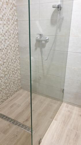 a shower with a glass door in a bathroom at River Park hotel in Kovelʼ