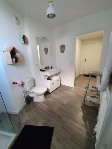 a bathroom with a white toilet and a sink at L'accalmie Audenge in Audenge
