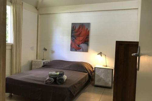 a bedroom with a bed and a painting on the wall at Villa Le Capitaine à 30 mètres du lagon in La Saline les Bains