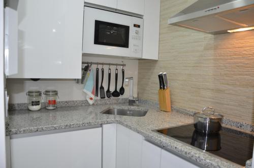 a kitchen counter with a sink and a microwave at CHECK-IN 24H NUEVO Único WIFI FAMILIAR Centro Planta 3 in Zaragoza
