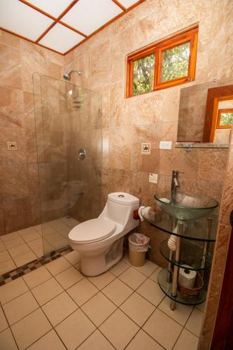 a bathroom with a toilet and a shower and a sink at Hotel La Rosa de America in Alajuela City
