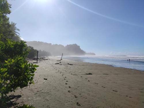 a beach with footprints in the sand and the ocean at Uvita Pirates Hostel in Uvita