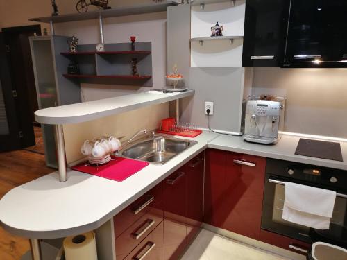 Una pequeña cocina con fregadero y microondas. en Kapana Comfy 2BR Apartment in Top Center, en Plovdiv