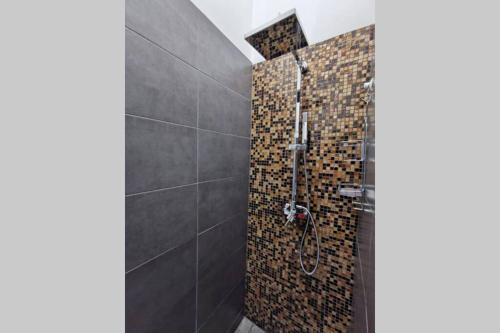 a bathroom with a shower with mosaic tiles at Heart of Budapest in Budapest
