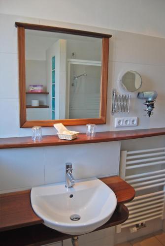 a bathroom with a sink and a mirror at Wohlfühlhotel Hörn van Diek Garni mit Schwimmbad in Bensersiel