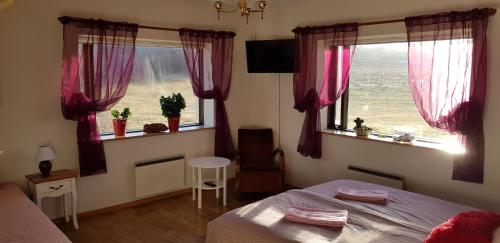Schlafzimmer mit einem Bett und einem Fenster mit rosa Vorhängen in der Unterkunft Mjóanes accommodation in Hallormsstaður