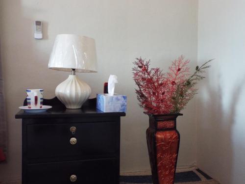 a lamp and a vase with flowers on a dresser at LAKE VIEW CONDO in Belize City
