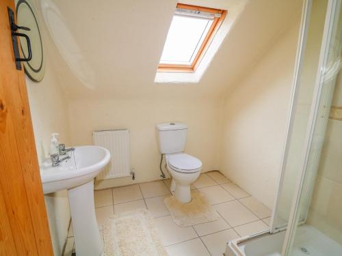 a bathroom with a toilet and a sink and a window at Mullaghderg Banks in Letterkenny