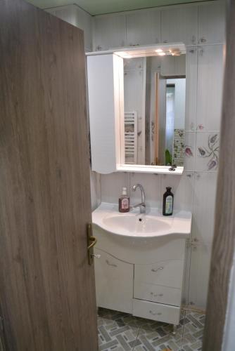 a bathroom with a sink and a mirror at Green rooms Hunedoara in Hunedoara
