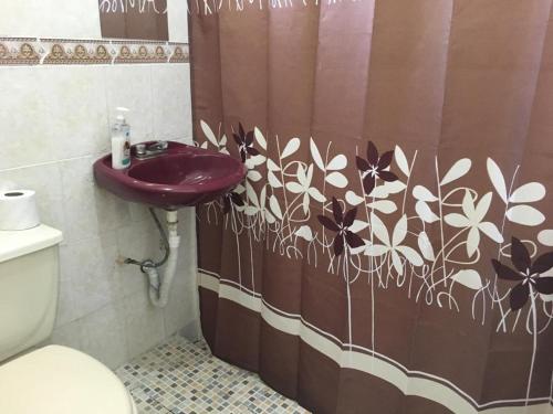 bagno con lavandino e tenda doccia di Casa 4-100-egas a Cuatrociénegas de Carranza