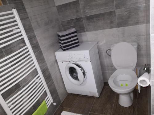 a bathroom with a washing machine and a toilet at Chata Sofia Námestovo in Námestovo